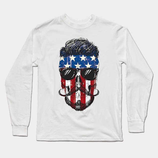 Hipster American Flag Skull Long Sleeve T-Shirt by rjzinger